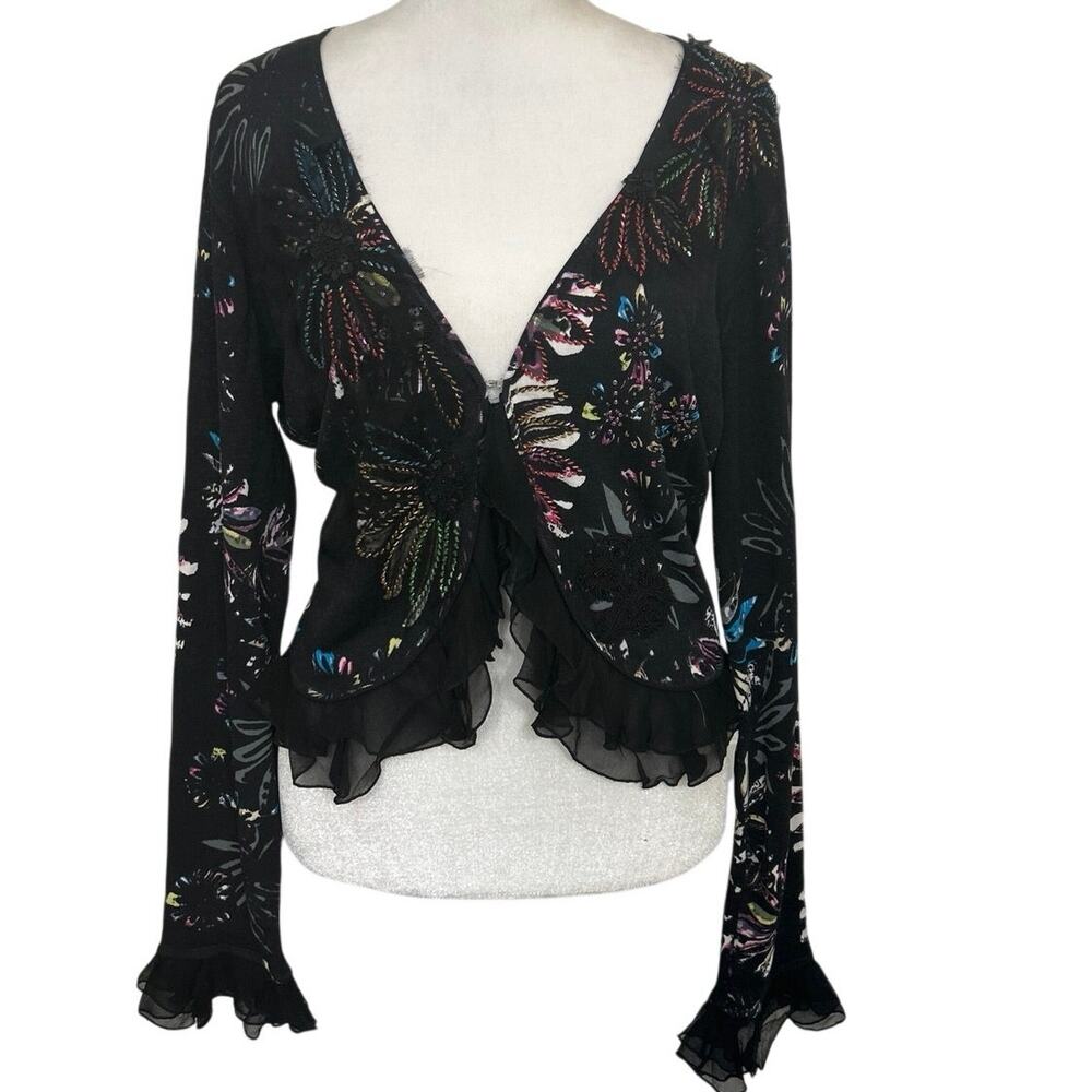 Alberto Makali Y2K Whimsigoth Beaded Artsy Floral Cardigan Set XL Mesh Ruffle